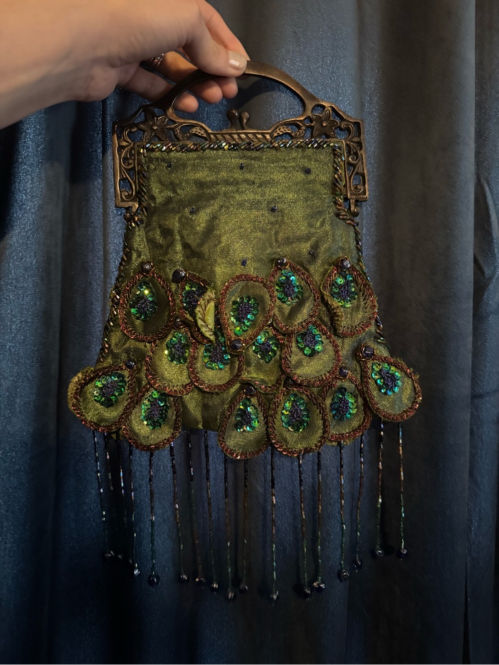 Vintage Katherine’s Collection Green Beaded Peacock-Accent Evening Handbag